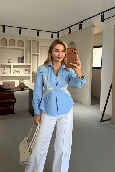 Sezgi Tekin Lace Detail Back Tie-Detail Blue Poplin Shirt