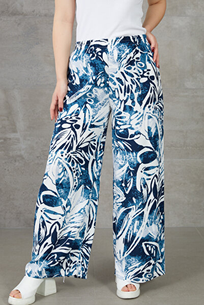 zenne Patterned Elastic Waist Comfortable Fit Wide-Leg Casual Trousers Navy Blue