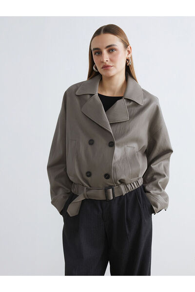 LC Waikiki Giyçık Store Beige Double-Breasted Collar Women's Leather Look Jacket