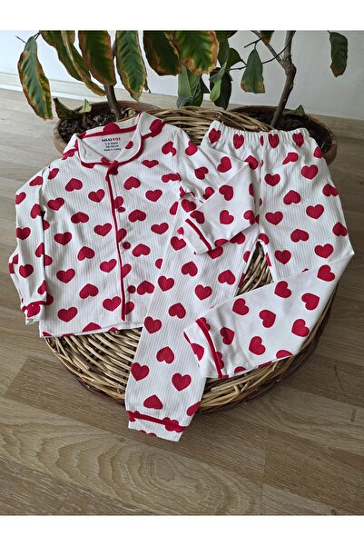 dolaş kids Big Heart Printed Girls' Pajama Set, Cotton Piece Comfortable Slee...