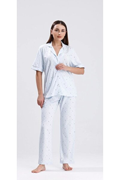Espuar Пижамен комплект за жени с копчета, яка и мотив „сърце“