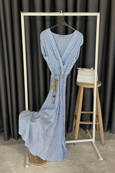 EGZOTİK ASORTİK Wicker Belt Piece Dress-Blue Blue