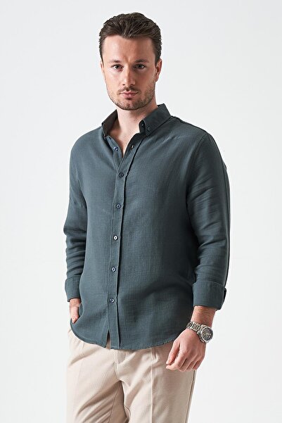 TENA Cămașă pentru bărbați, verde pin, cu mânecă lungă, regulară, basic muselină