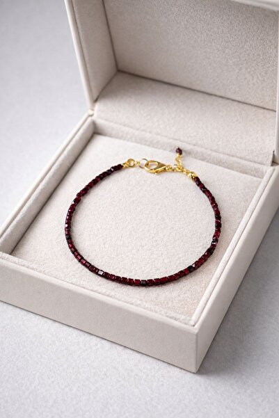 Agatella Tasarım Quality Garnet Cube Cut Natural Stone Bracelet with Gold Det...