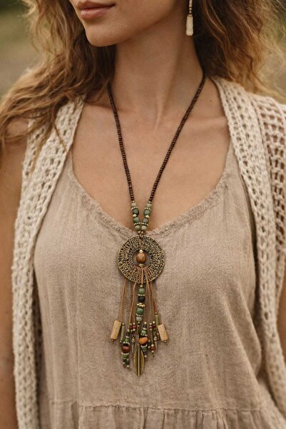 cleopatra takı aksesuar Kibele Uzun Etnik Bohem Otantik El Yapımı Renkli Dökü...