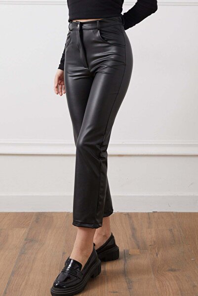 zenne Faux Leather High Waist Pocketed Pants Black