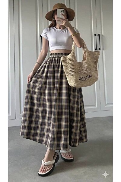 Gülmude Long Elastic Daily Skirt Plaid Patterned Fabric Pack of Cotton