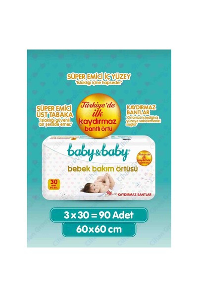 Baby&Baby Bebek Bakım Örtüsü Süper Emici Kaydırmaz Bantlı 60x60 cm 90 Adet