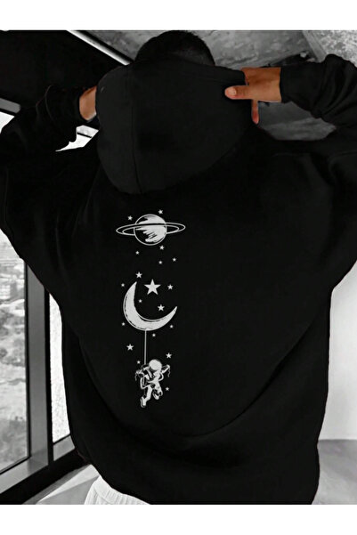 Oceanwear Astronaut and Planet Printed Black Hooded Long Sleeve Zippered Swea...