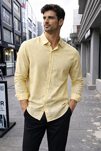 EMPEROR APPAREL Erkek Uzun Kollu Sarı Flam Keten Gömlek