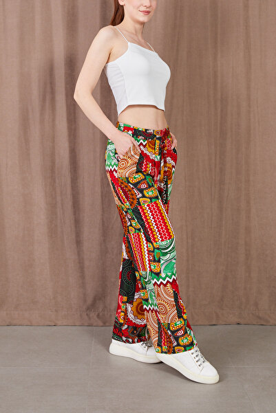 zenne Patterned Elastic Waist Comfortable Fit Wide-Leg Trousers Red