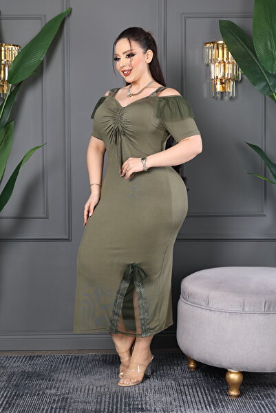 BONİTA FASHİON Off-The-Shoulder Tulle Detail Plus Size Stretchy Fabric Bust R...