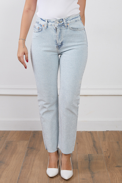 zenne High Waist Stoned Raw Hem Denim Pants Light Blue