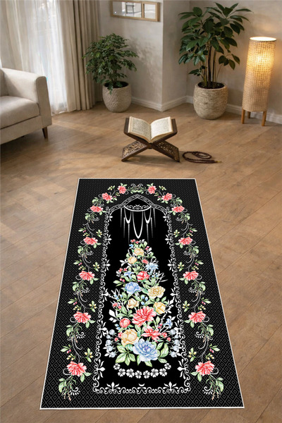 Pelura Halı سجادة صلاة سوداء بنقشة زهور طباعة رقمية قطعة حذاء بنعل مانع للانز...