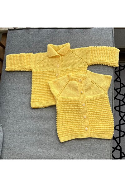 Bumya3duretim Sarı renk Çocuk Hırka ve Yelek 2’li Set EL DOKUMASI