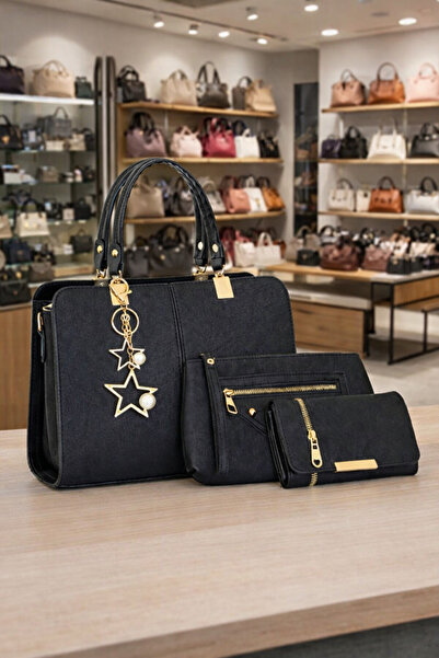 TAKYAKA 3'lü Set KadınSiyahÇanta,KadınÇantaKombin,ÇokBölmeli Çanta Cüzdan Kom...