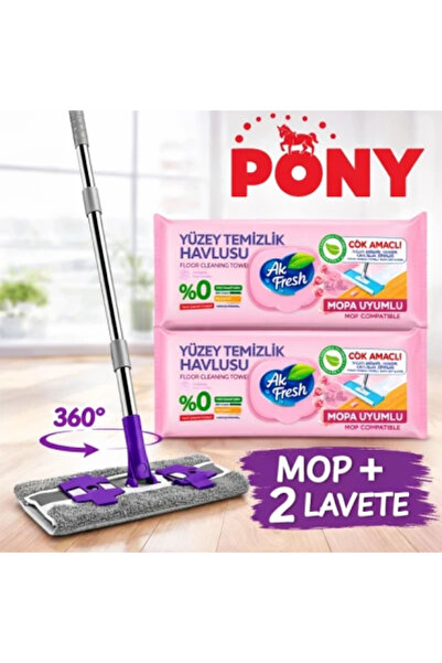 AKFRESH Pachet promoțional Mop plat cu mâner telescopic + 2 pachete de șerveț...