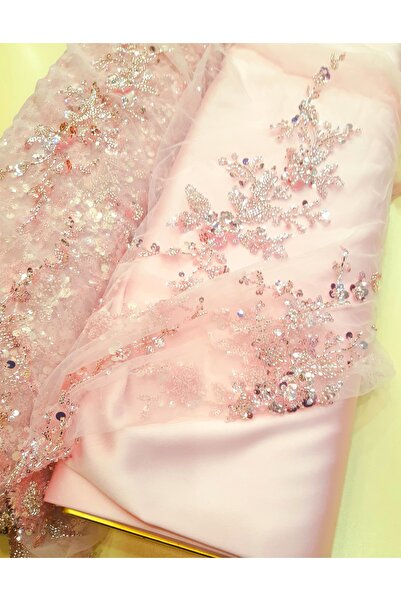 Safir Kumaş Abiyelik Boncuk Pul Taş İşlemeli Dantel Uçuk Pembe 2.5 Metre (Alt...