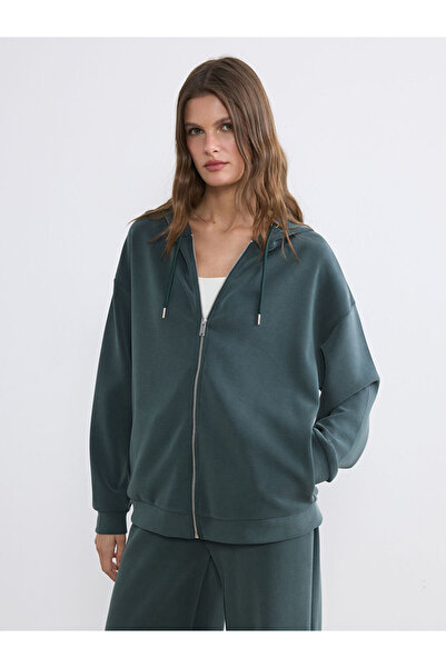 LC Waikiki Green Hooded Oversized Women's Zippered Sweatshirt