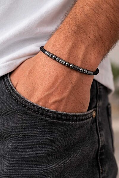 MODA MANANI Hematite Look Cylinder and Round Beaded Black Braided Men's Bracelet
