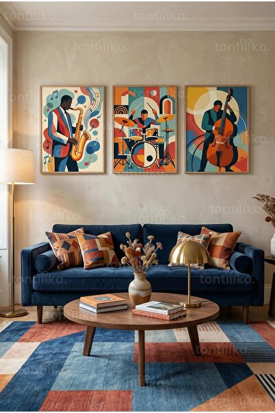 Tontilika Modern Geometrik Caz Müzisyenleri 3’lü Ahşap Çerçeveli Tablo Seti