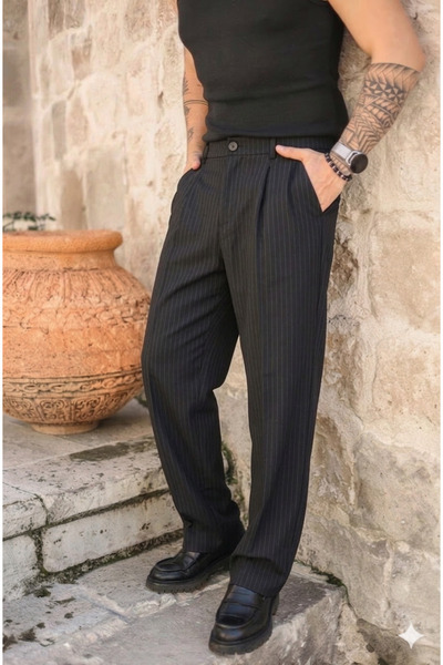 OUTFİT MAN Çizgili Baggy Klasik Pantolon Siyah