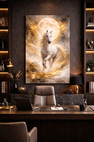 EMİLART Dolunaylı Beyaz At Kanvas Tablo- Gold Efektli Modern Dekoratif Salon ...