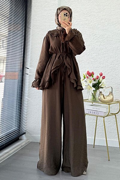 MELEK ARAZ Premium Organza Trouser Suit with Front Tie Detail - Khaki