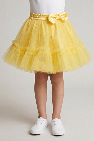 nacar çarşı Girl's Yellow Elastic Waist Ribbon Detailed Ruffled Tutu Skirt Ap...