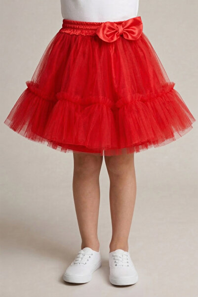 nacar çarşı Girl's Red Elastic Waist Ribbon Detailed Ruffled Tutu Skirt April...