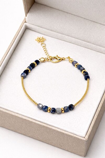 Agatella Tasarım Sodalite Stone Gold Detailed Design Bracelet |   Natural Sto...