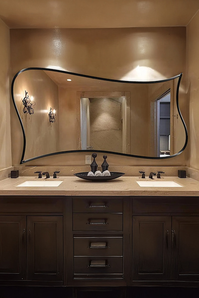 Fawdecor Premium Şık Ahşap Çerçeveli Asimetrik Ayna-Modern Kavisli Form Banyo...