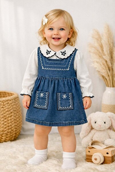 dinamik çocuk Kız Bebek Nakışlı İşlemeli Kot Elbise+Beyaz Yakalı Badi İnce Uz...