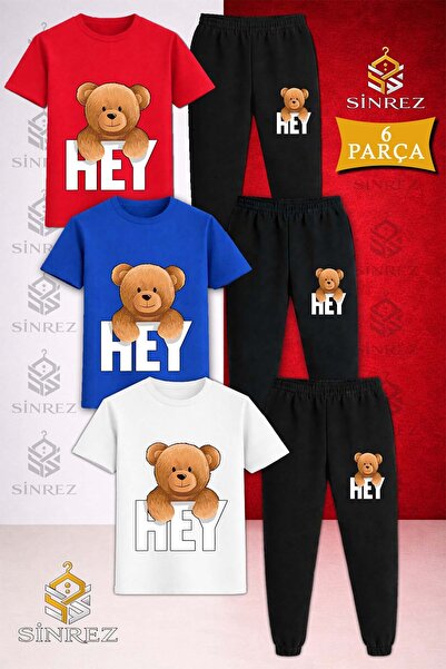 SİNREZ Children's Bear with Writing on His Back Printed 3-Piece T-Shirt Track...