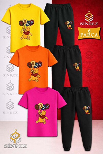 SİNREZ Children's Bear Pooh Balloons Printed 3-Piece T-Shirt Tracksuit Set