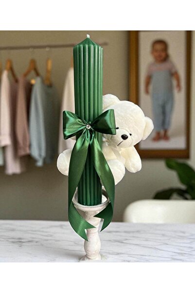 Your Baby Store Lumanare botez canelata cu ursulet – verde, 35 cm
