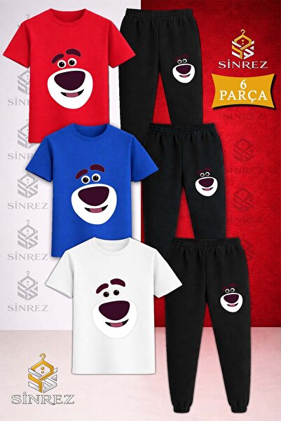 SİNREZ Children's Bear Smiling Face Printed 3-Piece T-Shirt and Tracksuit Set