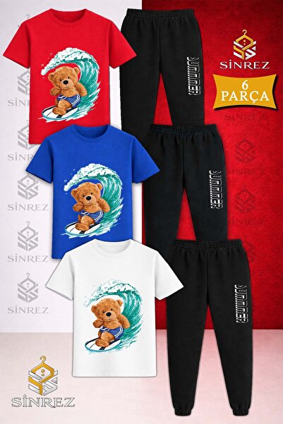 SİNREZ Children's Ayicik Sortlu Surf Printed 3-Piece T-Shirt and Tracksuit Set