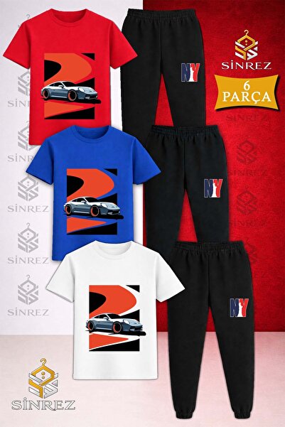 SİNREZ Children's Car Gray Red Black Canvas Printed 3-Piece T-Shirt and Sweat...