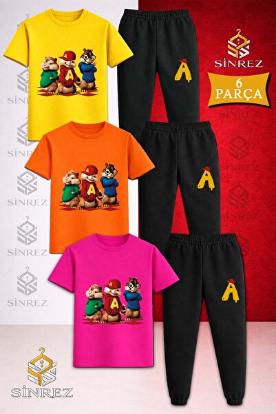 SİNREZ Children's Alvin 3Lu Sincap Ayakta Printed 3LÜ T-Shirt Tracksuit Set