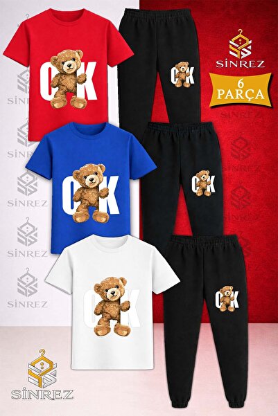 SİNREZ Children's Bear White Printed 3-Piece T-Shirt Tracksuit Set