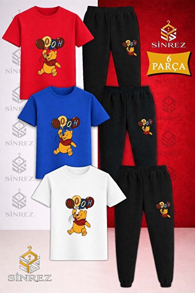SİNREZ Children's Bear Pooh Balloons Printed 3-Piece T-Shirt Tracksuit Set