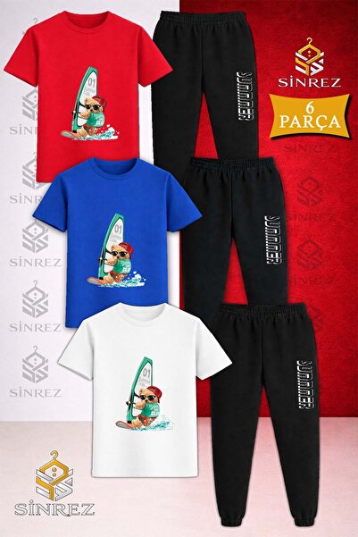 SİNREZ Children's Bear Surf Sea Printed 3-Piece T-Shirt and Tracksuit Set