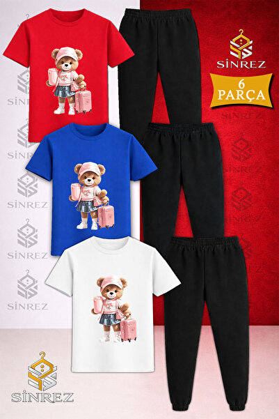 SİNREZ Children's Teddy Bear Suitcase Girl Printed 3-Piece T-Shirt Tracksuit Set