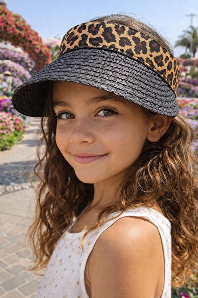 HAZAL KAYA ATELIER Black Leopard Detailed Straw Visor Hat for Girls 10-18 Yea...