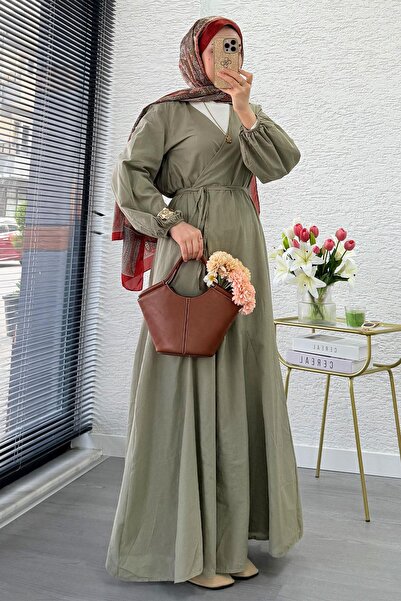 MELEK ARAZ فستان طويل فاخر لفّ بأربطة قطن - أخضر كريمي