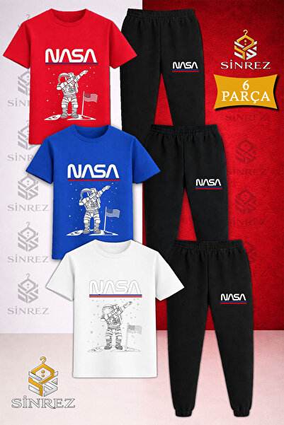 SİNREZ Children's Astronaut White Ust Nasa Writing Printed 3-Piece T-Shirt Tr...