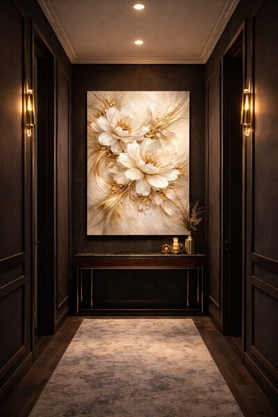 EMİLART Gold Detaylı Beyaz Çiçek 3D görünümlü Modern Salon Duvar Dekorasyonu ...