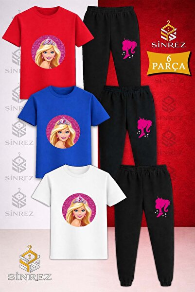 SİNREZ Children's Princess Brb Crown Circle Icnde Printed 3LÜ Tshirt Tracksui...