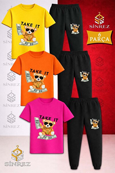 SİNREZ Children's Ayicik Take It Black Printed 3-Piece T-Shirt Tracksuit Set